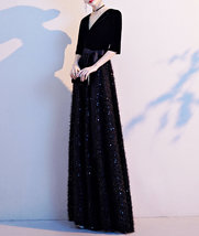 Women Half Sleeve Velvet Maxi Dress High Waist Formal Dress, Black, Plus Size image 14