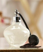 White Perfume Bottle Glass Table Shelf Decor w Black Tasseled Squeeze Sprayer