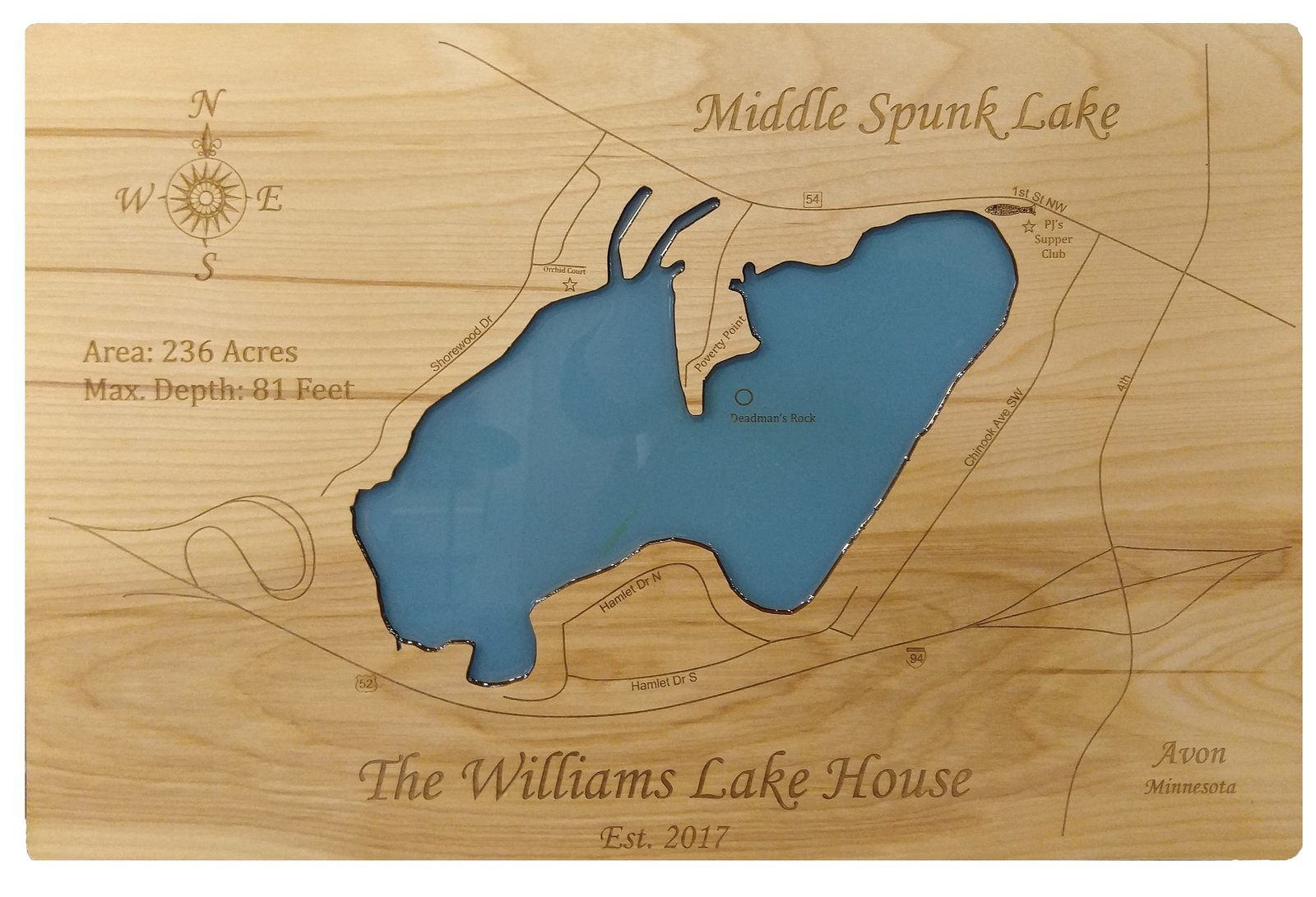 Primary image for Middle Spunk Lake, Minnesota - Laser Cut Wood Map