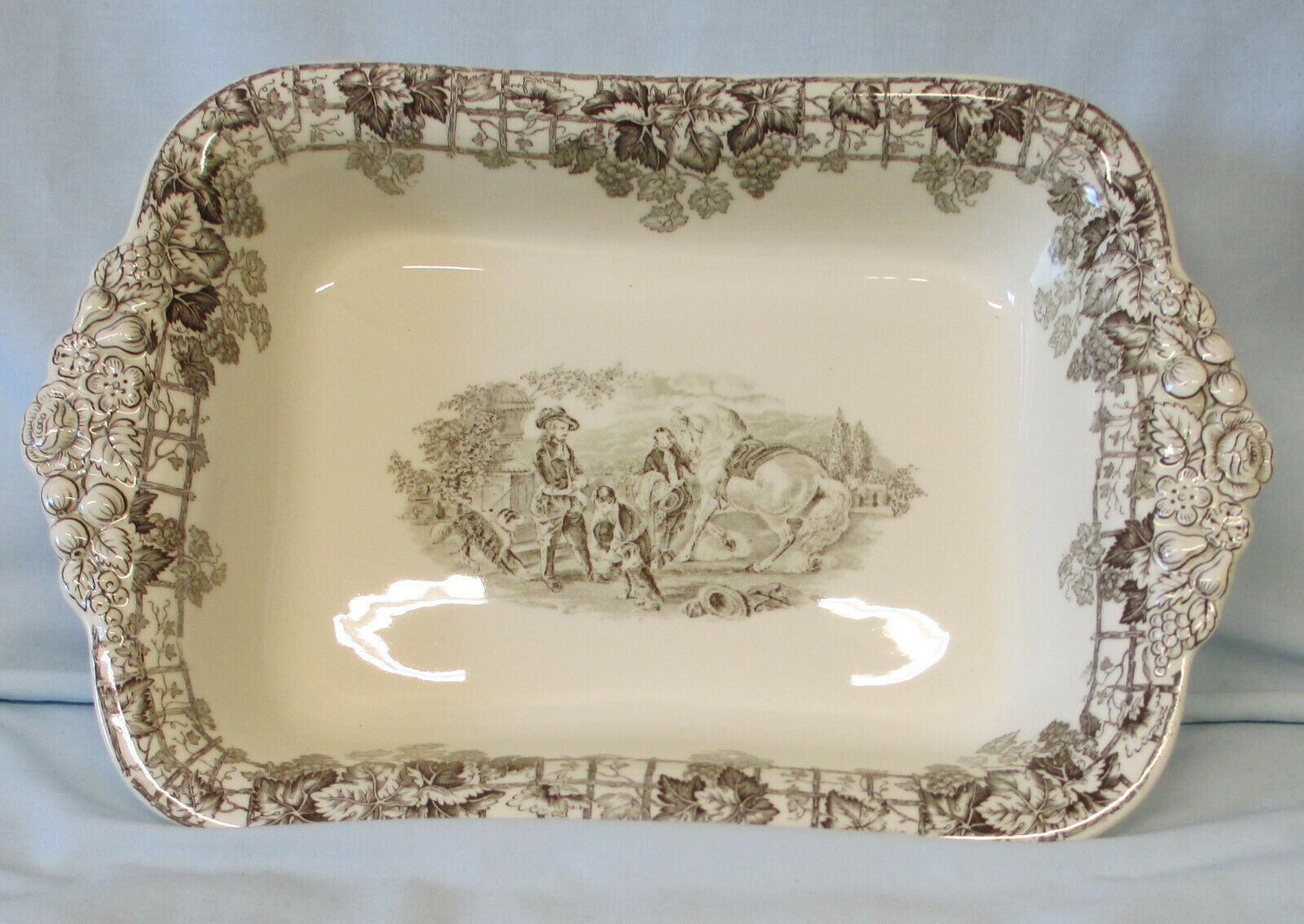 Primary image for Spode Byron Rectangle tab Handled Serving Bowl HTF Black, Lady with Dog