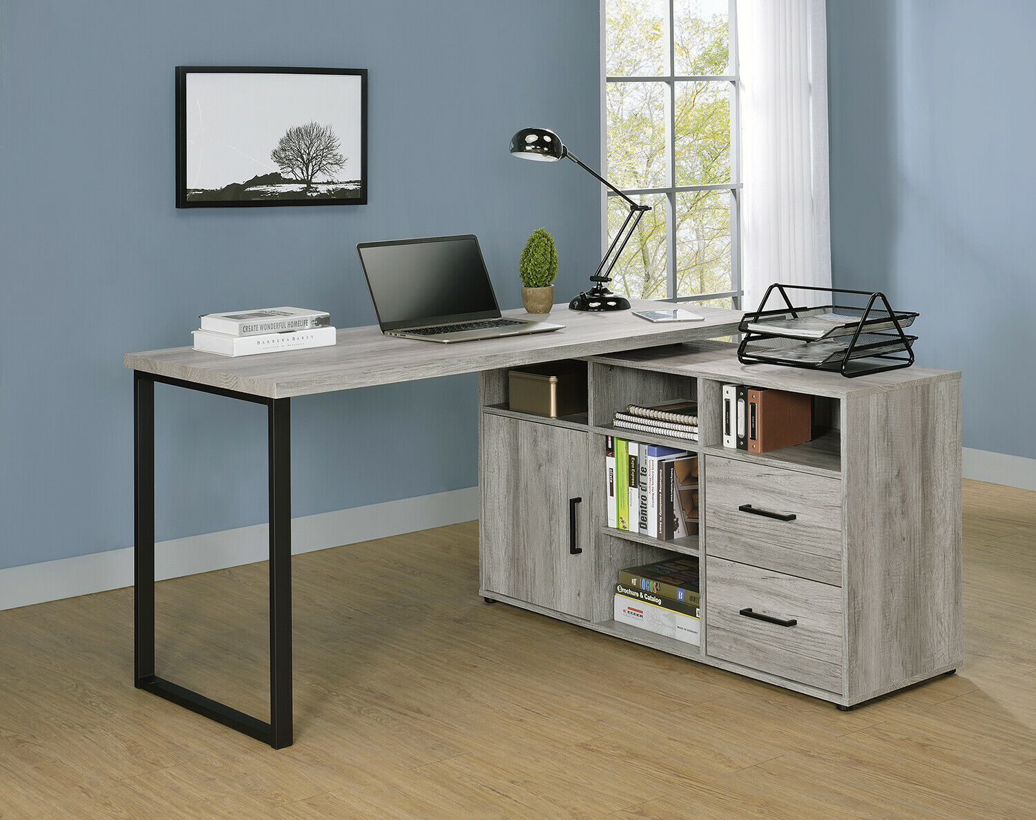 Rustic Industrial Space Saver Rotating L-Shape Home Office Desk, Grey ...