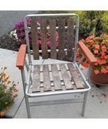 Vintage Aluminum Folding Redwood Slat Lawn Chair MCM Orange Plastic Armr... - $42.97