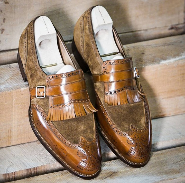 Men’s Handmade Brown Fringe Monk Strap Shoes, Men Leather Men’s Handmade Brown Fringe Monk Strap Shoes, Men Leather