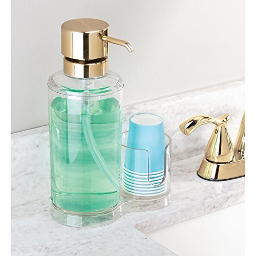 mDesign Mouthwash Pump Dispenser with Disposable Cup Caddy for Bathroom