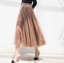 Women Caramel Polka Dot Tulle Skirt Holiday Two Layered Dotted Tulle Midi Skirt image 2