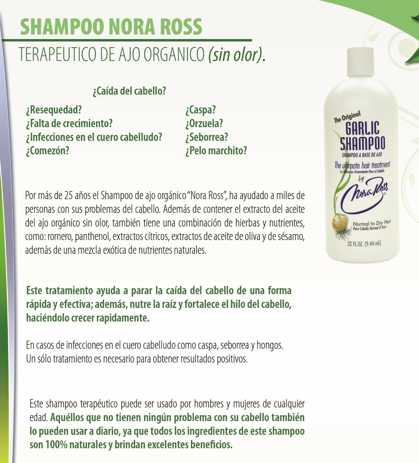 Shampoo de Ajo Nora Ross 100 caida de cabello, caspa, seborrea Hair Loss