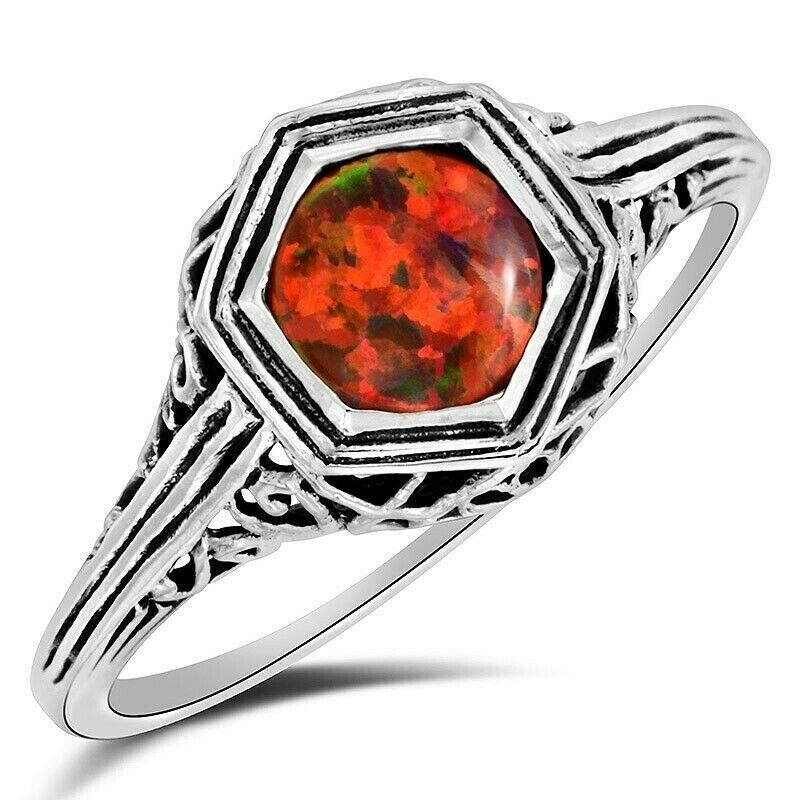 1CT Natural Red Fire Opal 925 Solid Sterling Silver Ring Jewelry Sz 6