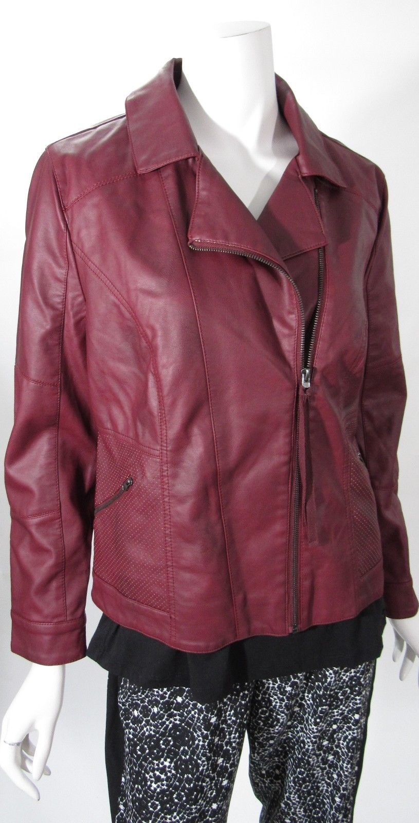 One World Burgundy Moto Faux Leather Jacket Sz M, L, XL