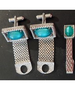 Vintage Mens Jewelry Silver Tone GREEN Stone CUFFLINKS and Tie Clasp Bar... - $59.99