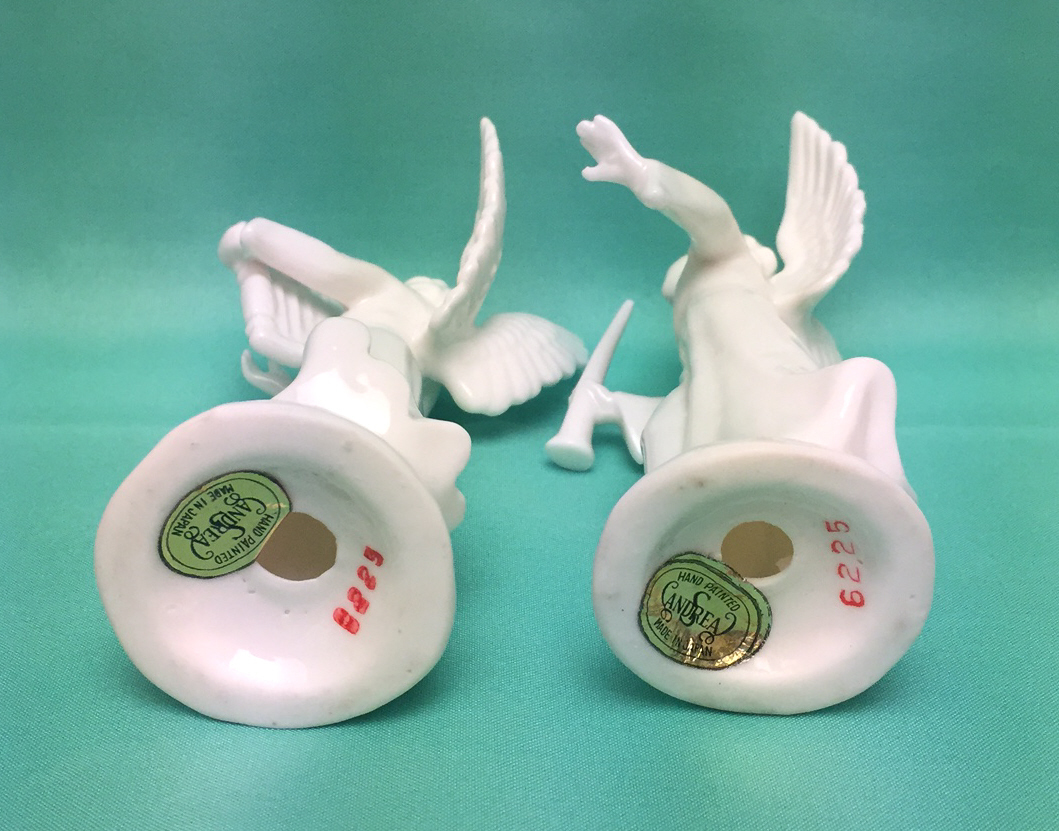 Vintage porcelain angel figurines with musical instruments made in