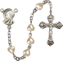 Rosary - 6mm Heart Faux Pearl Rosary - Silver Plated