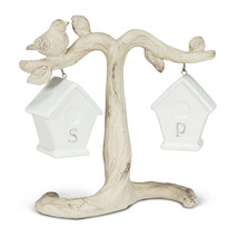 Birdhouse Salt Pepper Shakers on Branch Ceramic Resin 7.5" Long Birds Ivory Gift image 1
