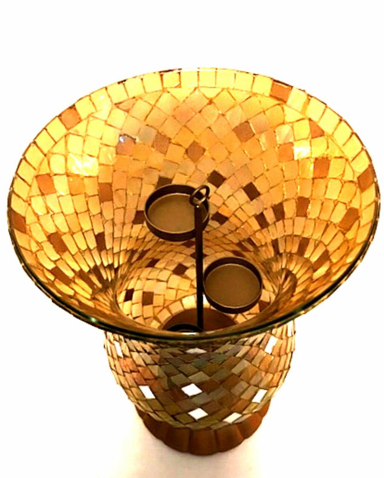 PartyLite Candle Holder Gold Global Fusion Mosaic Hurricane Stained