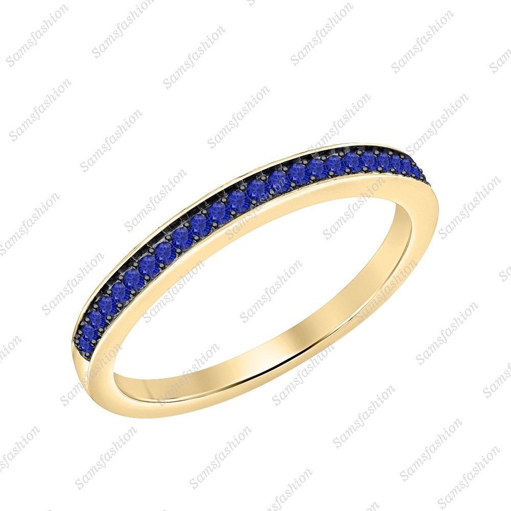 14K Yellow Gold Over Blue Sapphire Half Eternity Wedding Band Ring For Women's