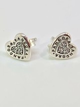 Authentic Pandora Silver Earrings Signature Heart Studs Style ##297382CZ + Box - $23.25