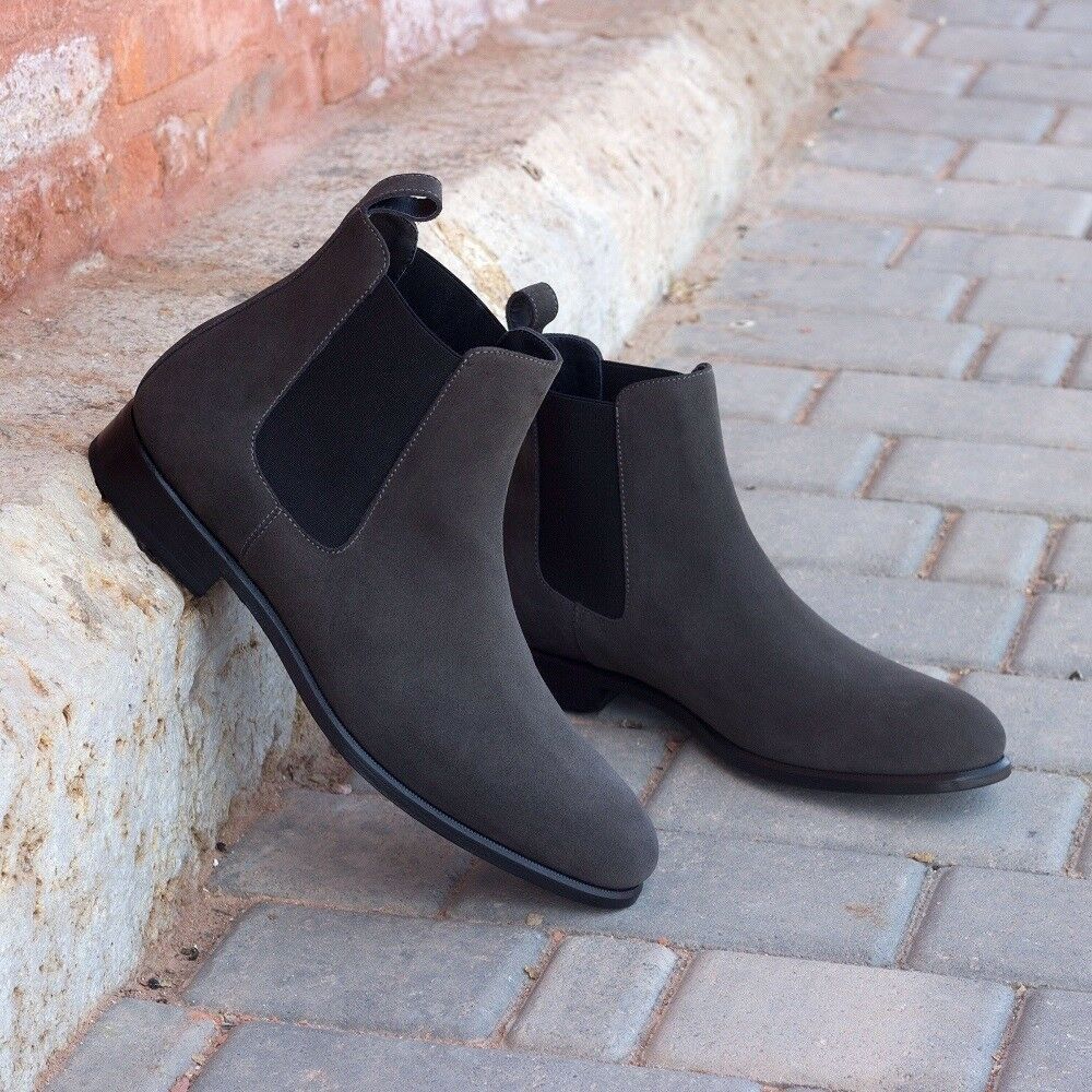 Made To Order Men's Gray Suede Black Sole Chelsea Jumper Slip On Boots ...