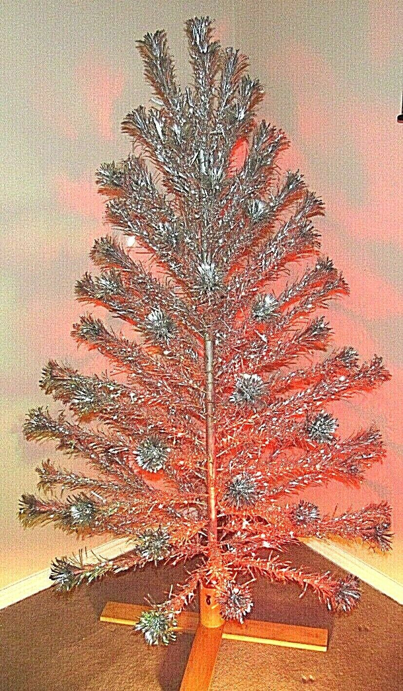 Vintage Aluminum Tinsel Christmas Tree Pom Pom Color Wheel 6' Galaxy Silverline Artificial Trees