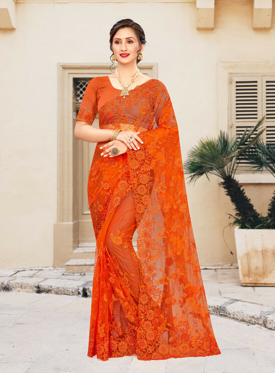 Designer Orange Heavy Moti Resham Stone Embroidery Sari Net Wedding Wear Saree