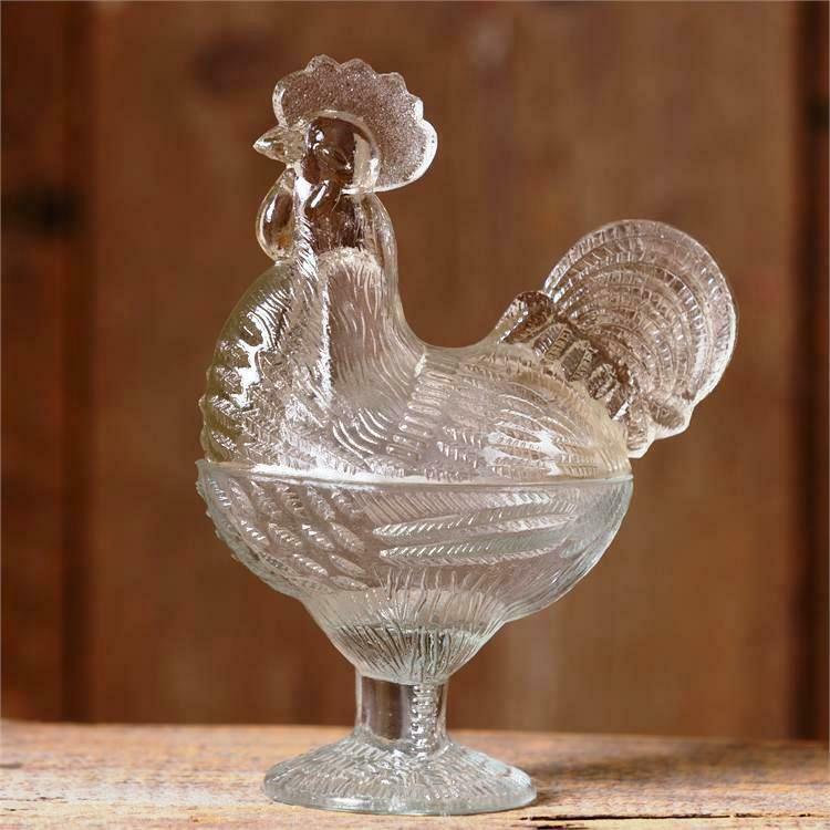 Clear Glass Rooster Covered Candy Dish Standing Chicken Retro Depression Style Other