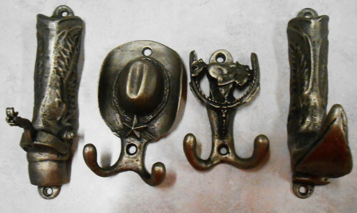 LOT OF 4 MATTE PEWTER COWBOY WESTERN WALL HOOKS HANGING DECOR Hooks