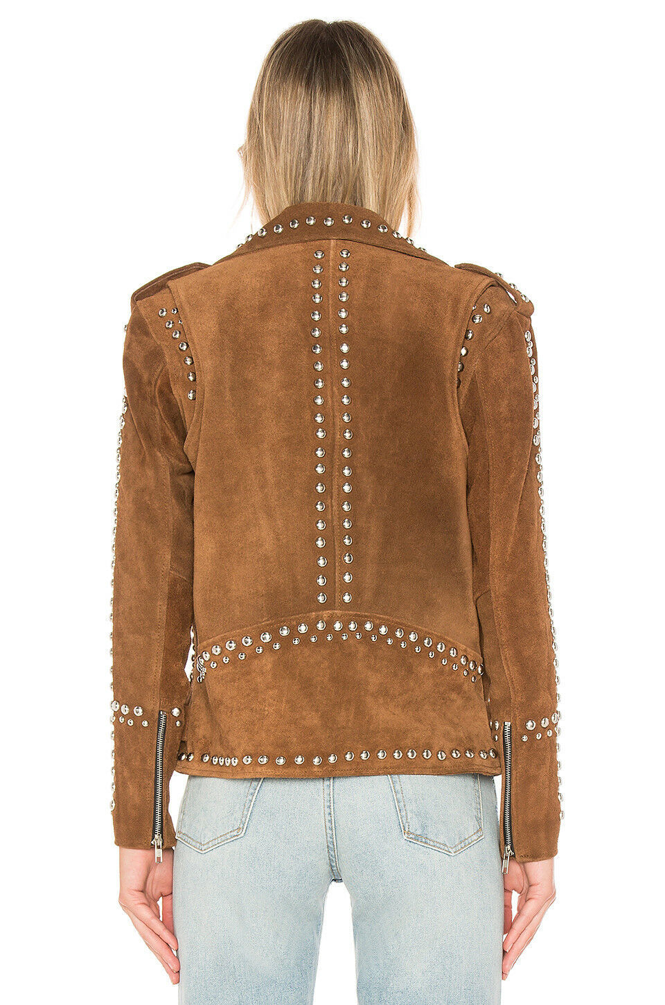 Women&#39;s Brown Color Genuine Suede Leather Silver Studded Belted Straps Jacket - Coats & Jackets
