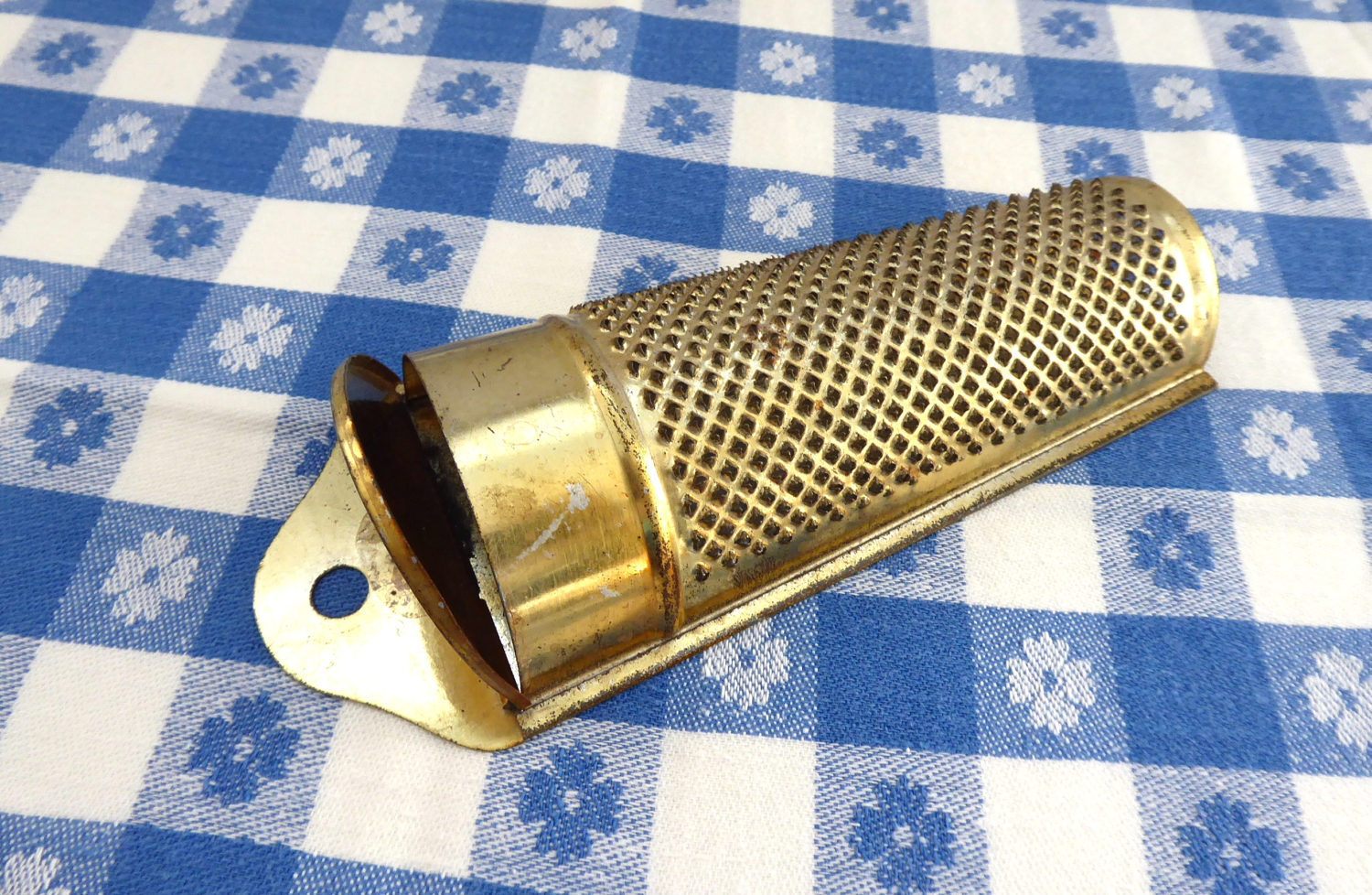 Victorian Era Tin Nutmeg Grater Coffin Shape Gold Washed UK 1890s
