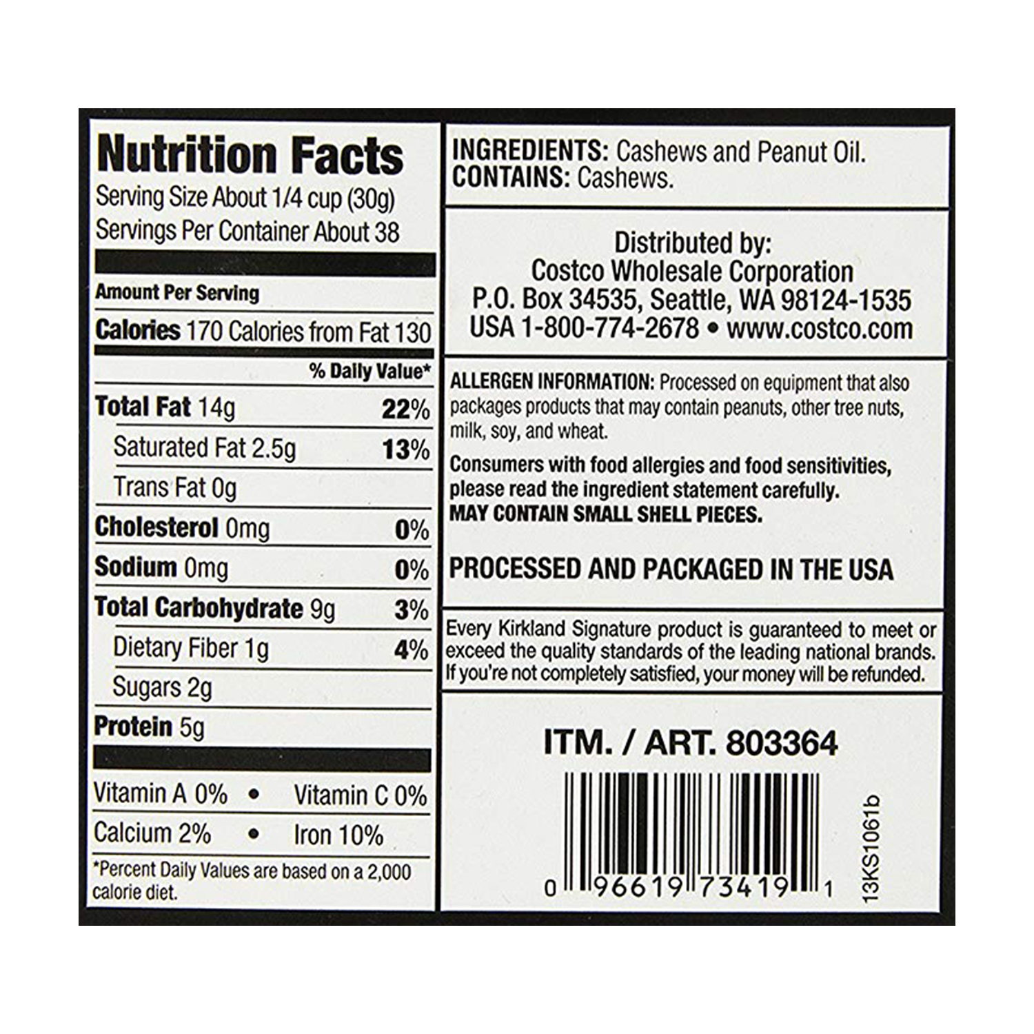 KIRKLAND Signature Cashews Whole Nuts Roasted & Salted / Unsalted 1.13kg/40oz UK Nuts & Seeds