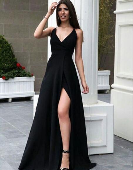Black V Neck Long Prom Dresses Under 100