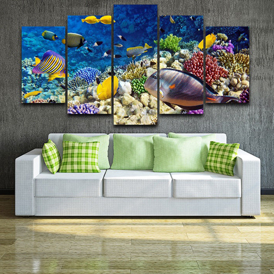 Framed 5Pcs Tropical Fish Coral Reef Ocean Canvas Art Wall Art Picture