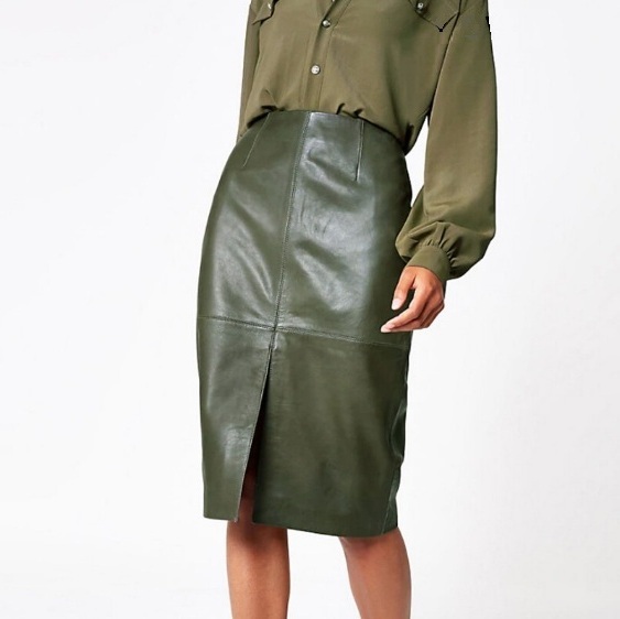 New Olive Green Faux Leather High Waist Midi Knee Length Women Pencil Skirt Skirts 9731