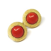 18K YELLOW GOLD BUTTON EARRINGS CABOCHON ROUND RED CORAL WORKED MULTI WIRE FRAME image 1