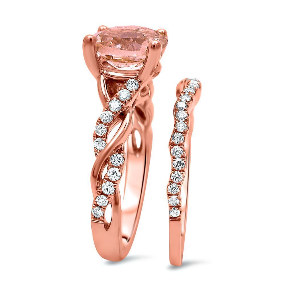 14K Rose Gold Over Silver Round  Morganite & Diamond Engagement Bridal Ring Set