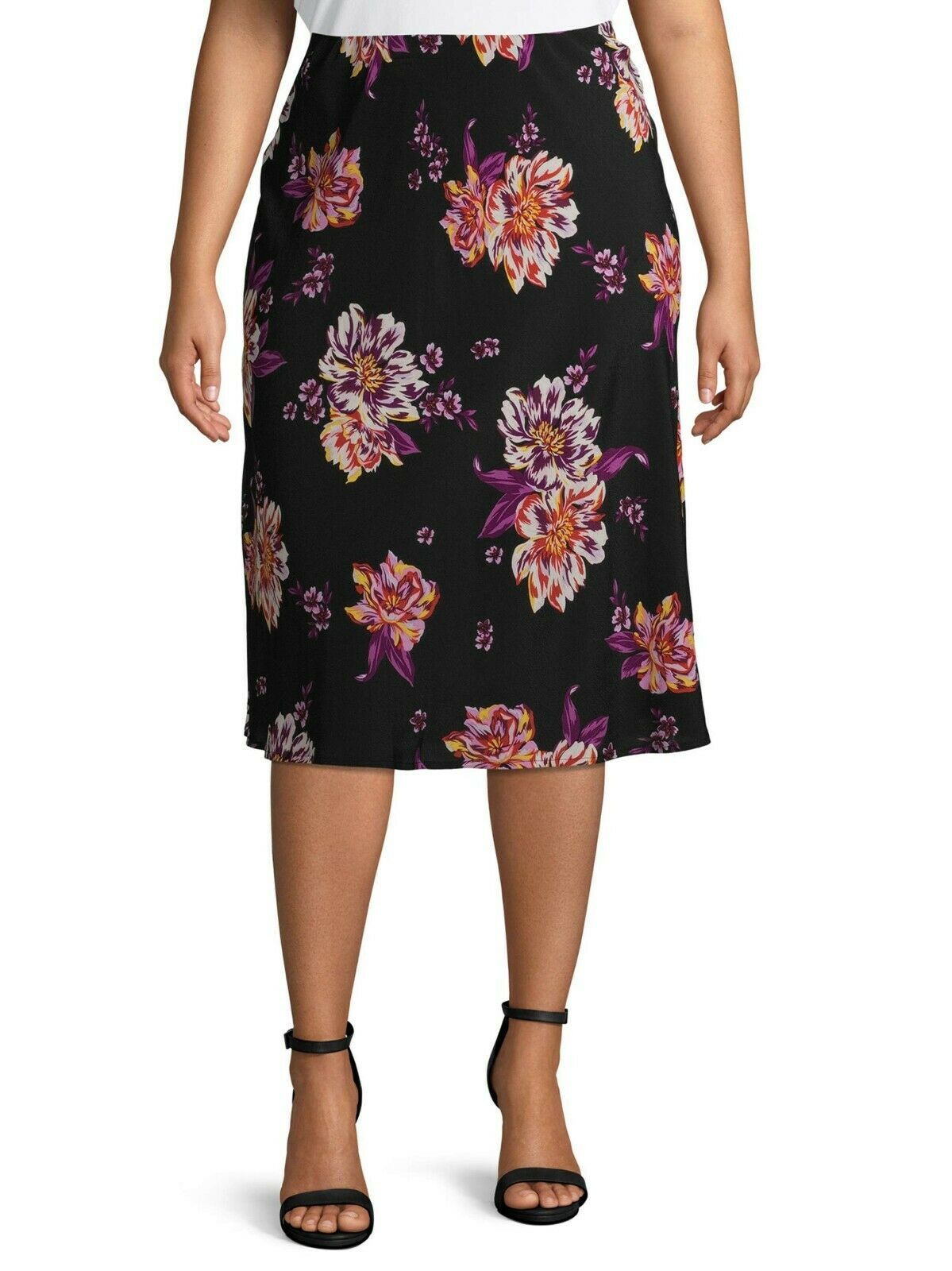 Terra & Sky Women's Plus Midi Length Slip Skirt Size 2X (20-22W) Black Floral