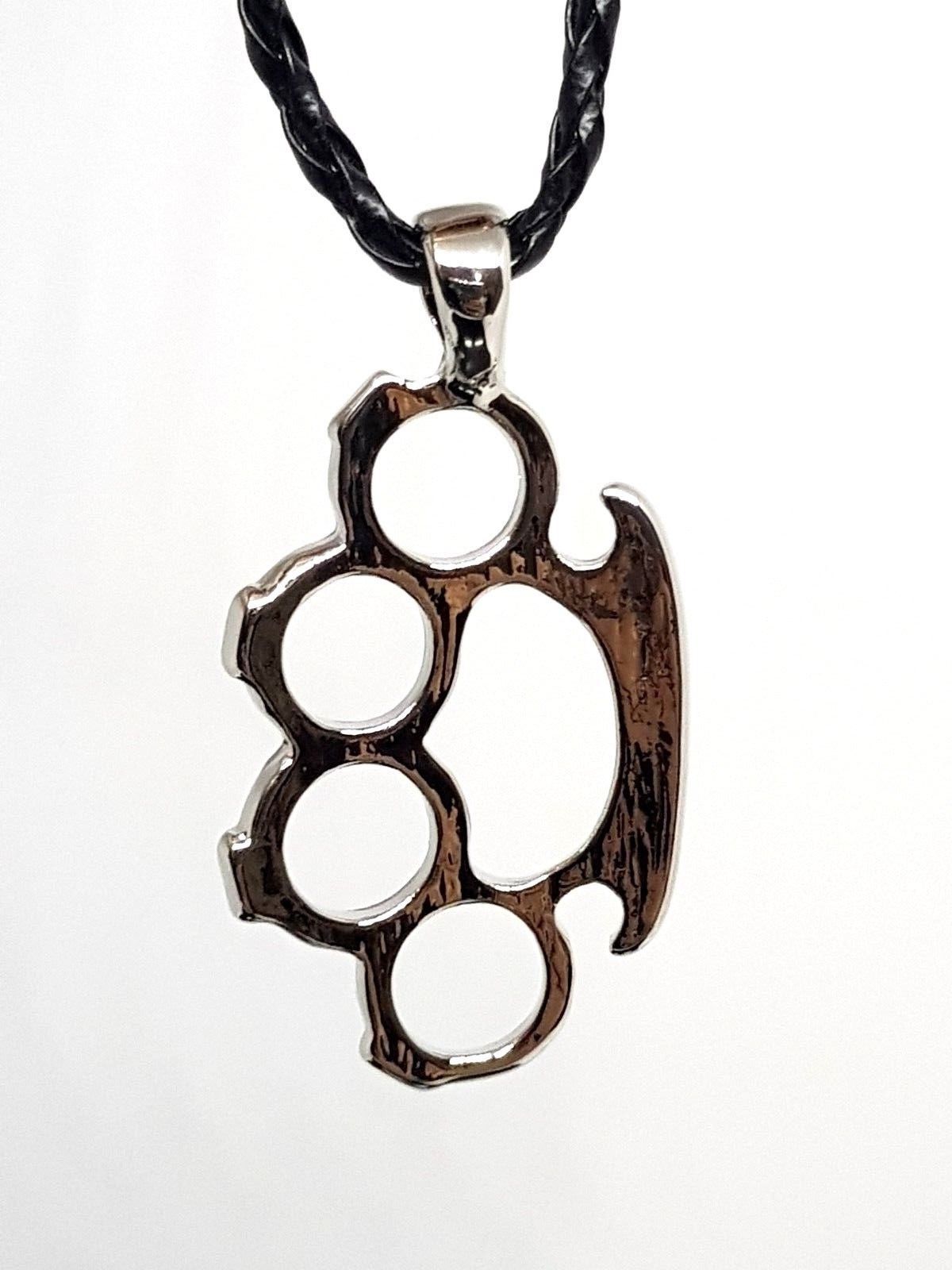 Knuckle Duster Brass Knuckles Pendant Faux Leather Necklace Punk Rock 