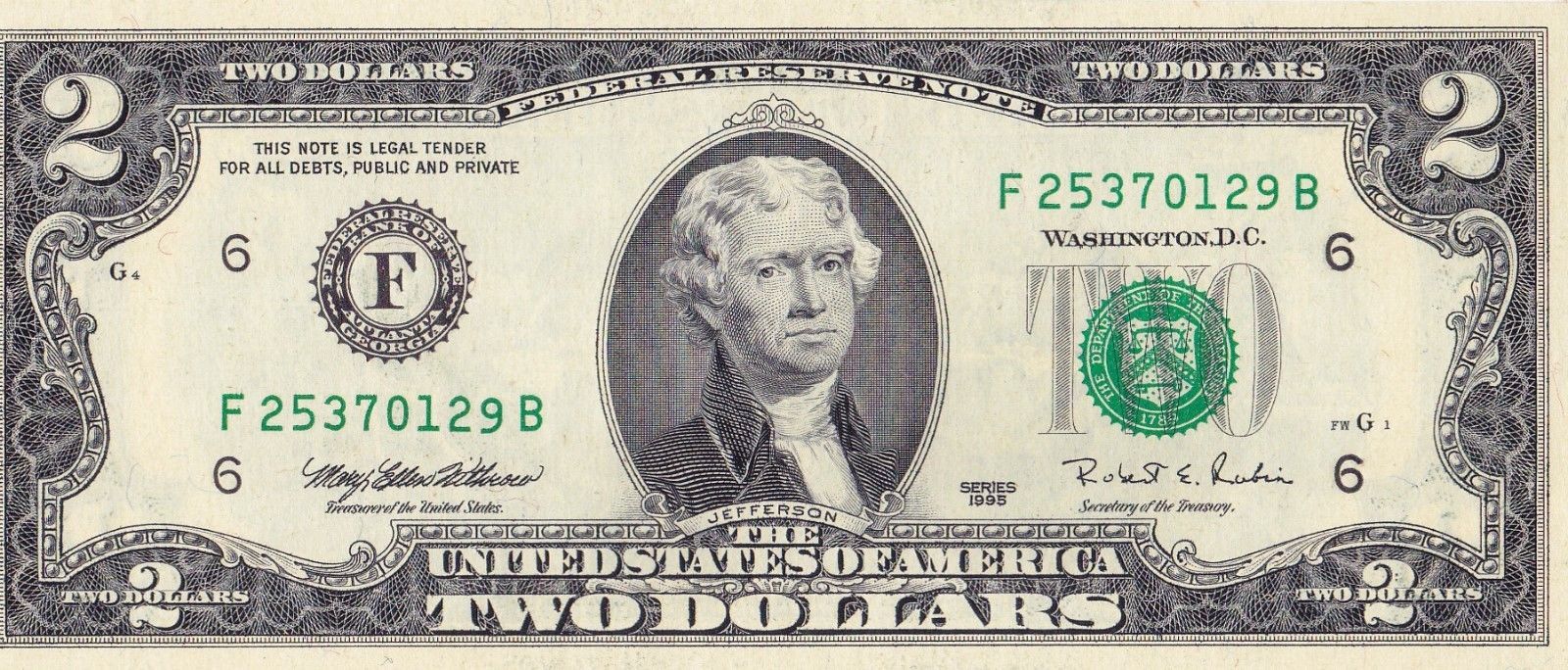 Series 1995 Two Dollar Note - $2 Bill Circulated - Federal Reserve Notes