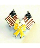 VTG Collectible Pin- 1990 Yellow Ribbon Bow Crossed Flag Double American... - $11.14