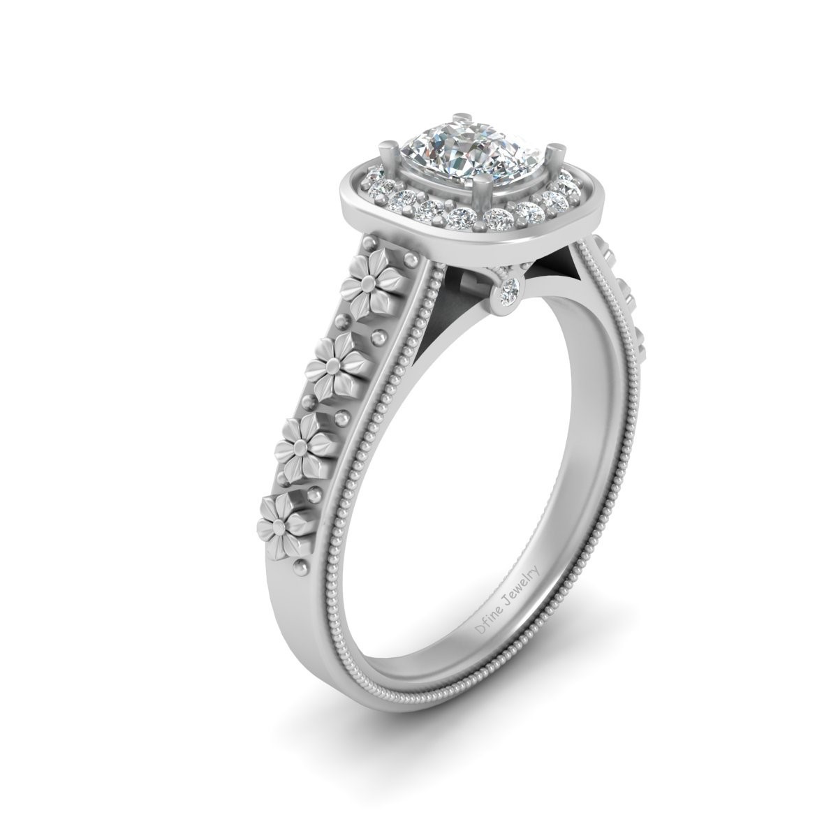 Art Nouveau Floral Wedding Ring Womens Cushion Cut Diamond Halo Engagement Ring