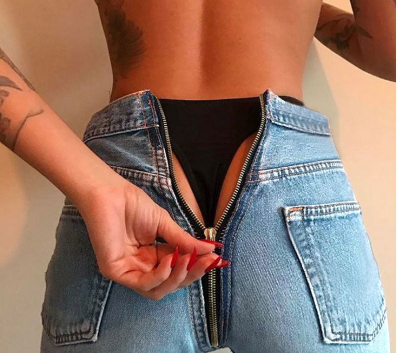 Womens Denim Zip Open Back Distressed High Waist Skinny Jeans Trousers