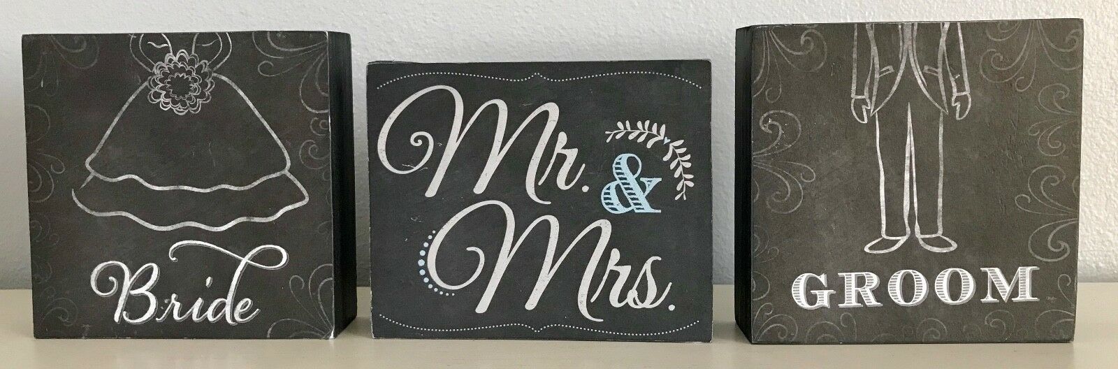 Primary image for 3 Mr. & Mrs. Bride & Groom Wedding Word Blocks from Kirkland Black Blue Grey