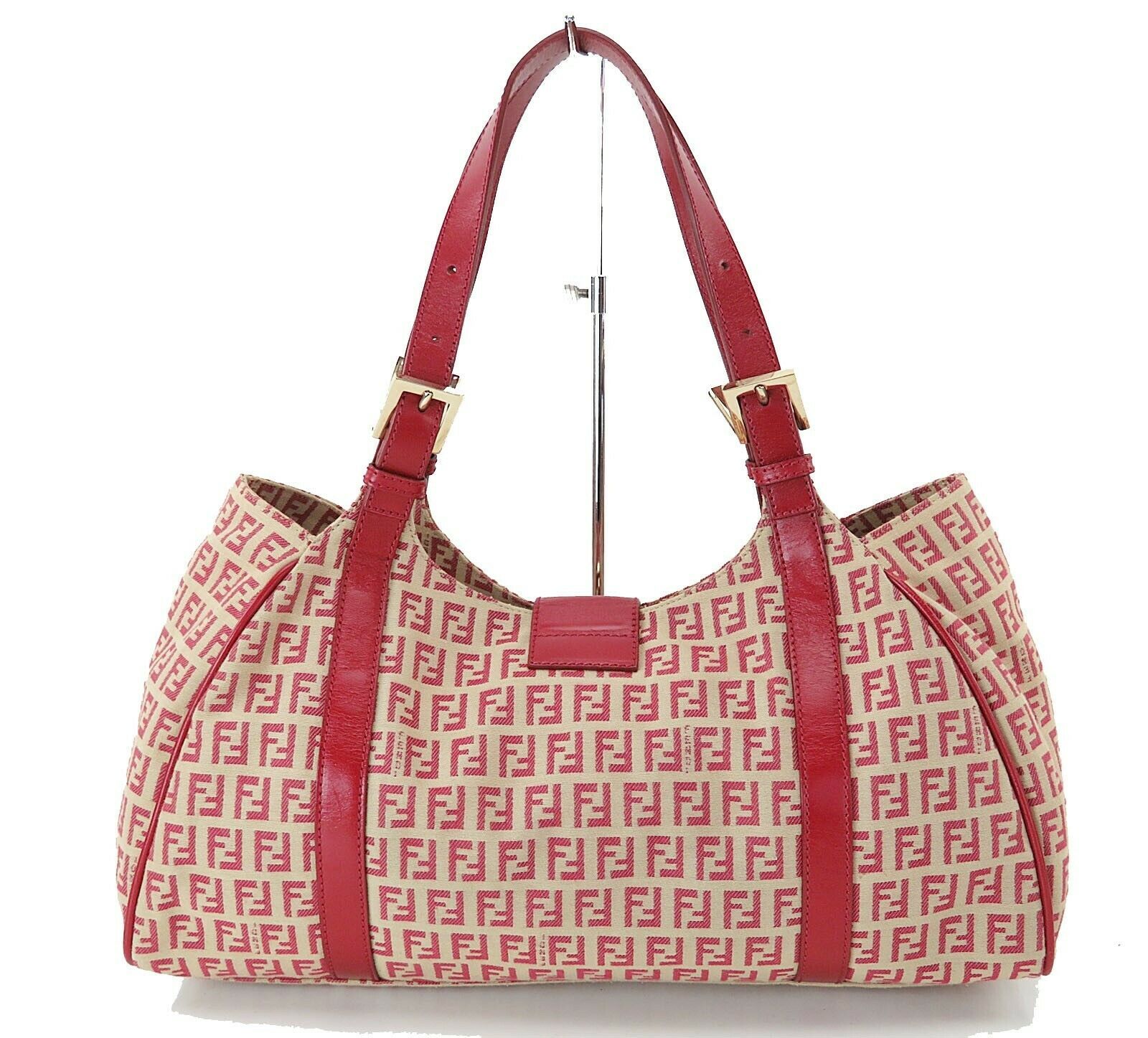 Authentic FENDI Red Zucca Canvas and Leather Tote Shoulder Bag Purse ...