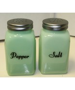 New Jade Green Glass Salt &amp; Pepper Shakers Printed Art Deco Arch Retro S... - $16.00