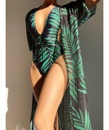 Allover Plant Print Backless One Piece Swimsuit With Kimono - $31.00