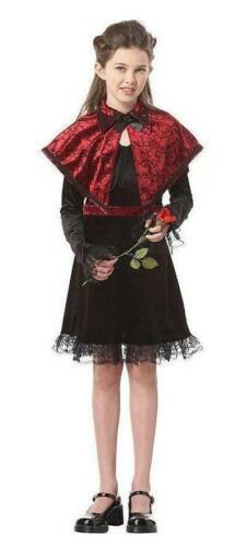 Girls Royal Vamp Black Red Dress, Capelet & Belt 3 Pc Halloween Costume-sz 12/14