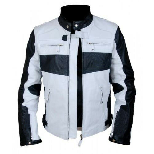 Men Black White Cont Motorcycle Genuine Front Zipper Leather Safety Pads jacket