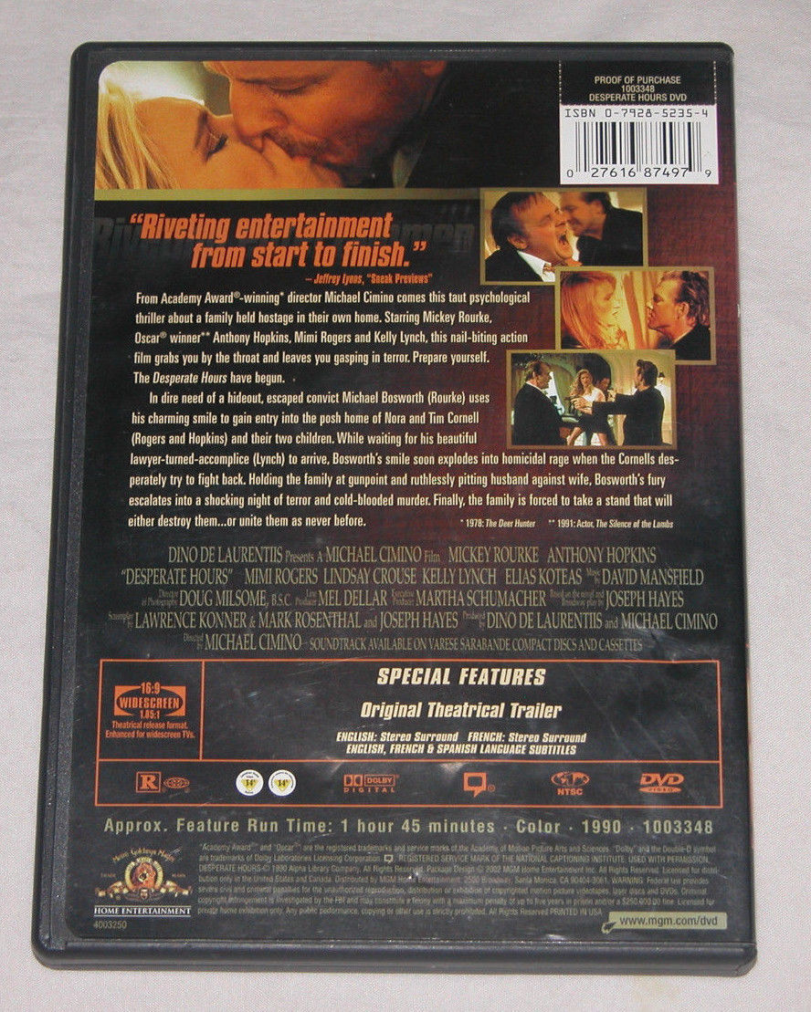 The Desperate Hours DVD, 2002 Mickey Rourke, Anthony Hopkins, Free ...