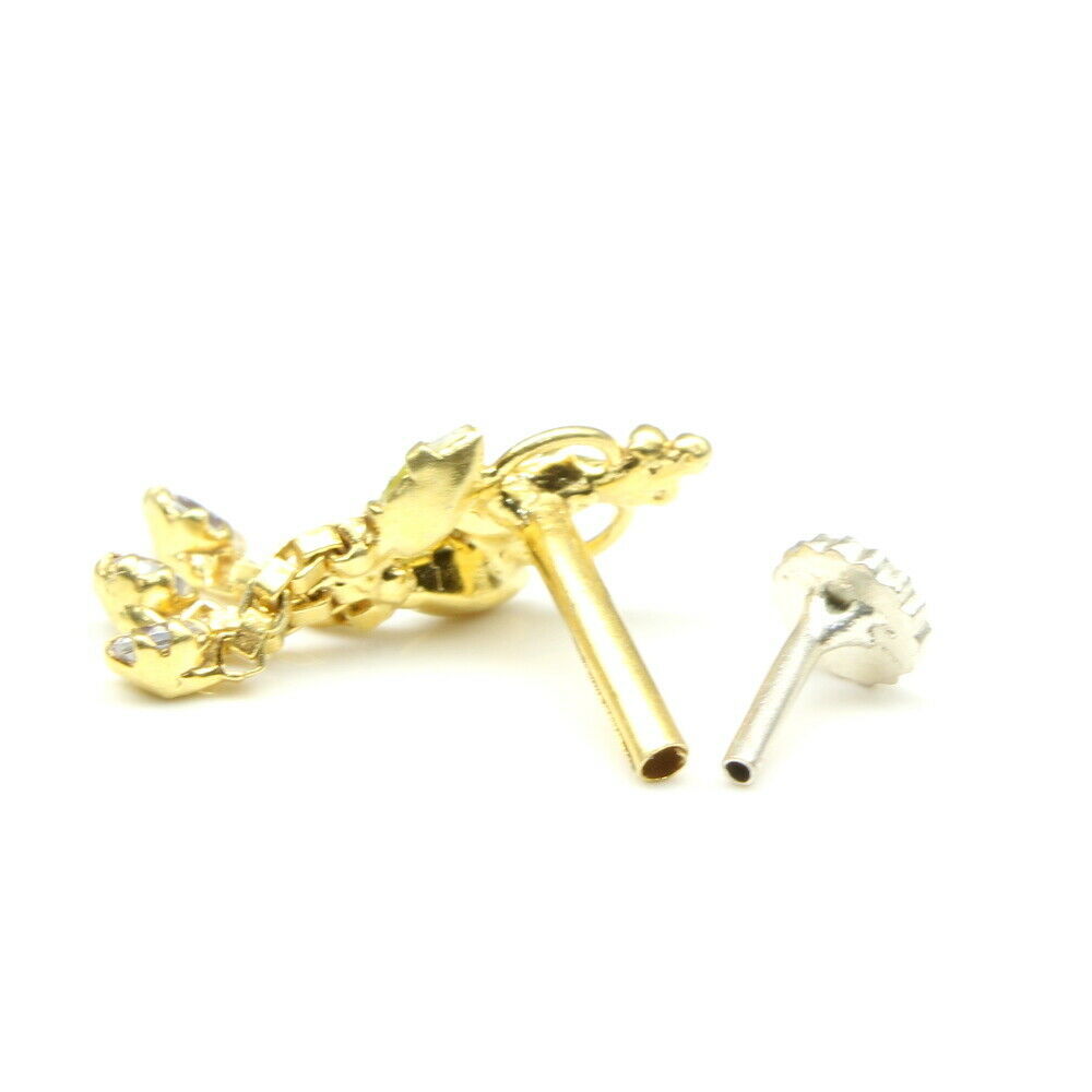 Indian Nose ring Pink  White CZ studded gold plated corkscrew piercing nose stud 