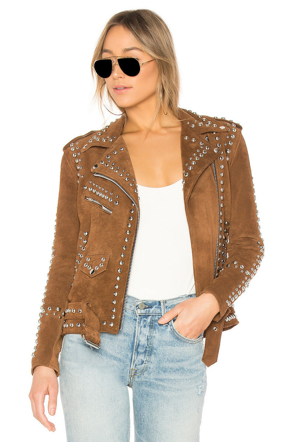 Women's Brown Color Genuine Suede Leather Silver Studded Belted Straps Jacket