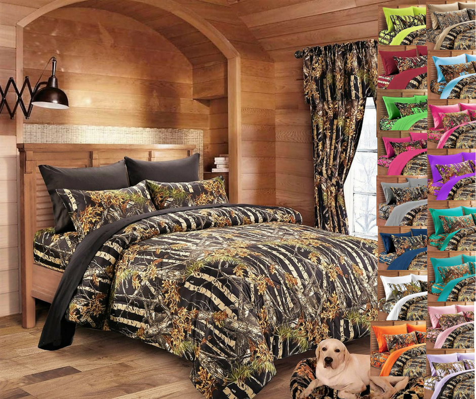 7 pc BLACK CAMO KING QUEEN SIZE SET COMFORTER SHEET CAMOUFLAGE BEDDING