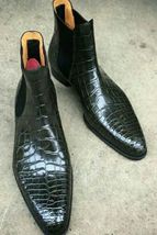 Handmade Men's Black Crocodile Texture Leather Chelsea Style Boot image 4
