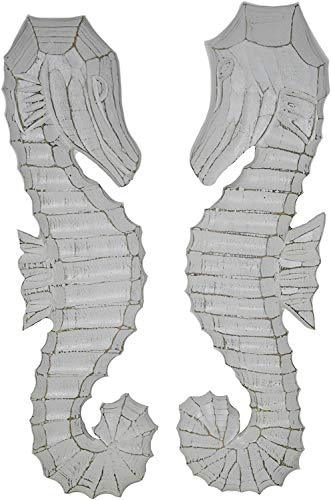 Hand Carved White Wash Wood Set of 2 Seahorses Wall Art Hanging Tropical Nautica
